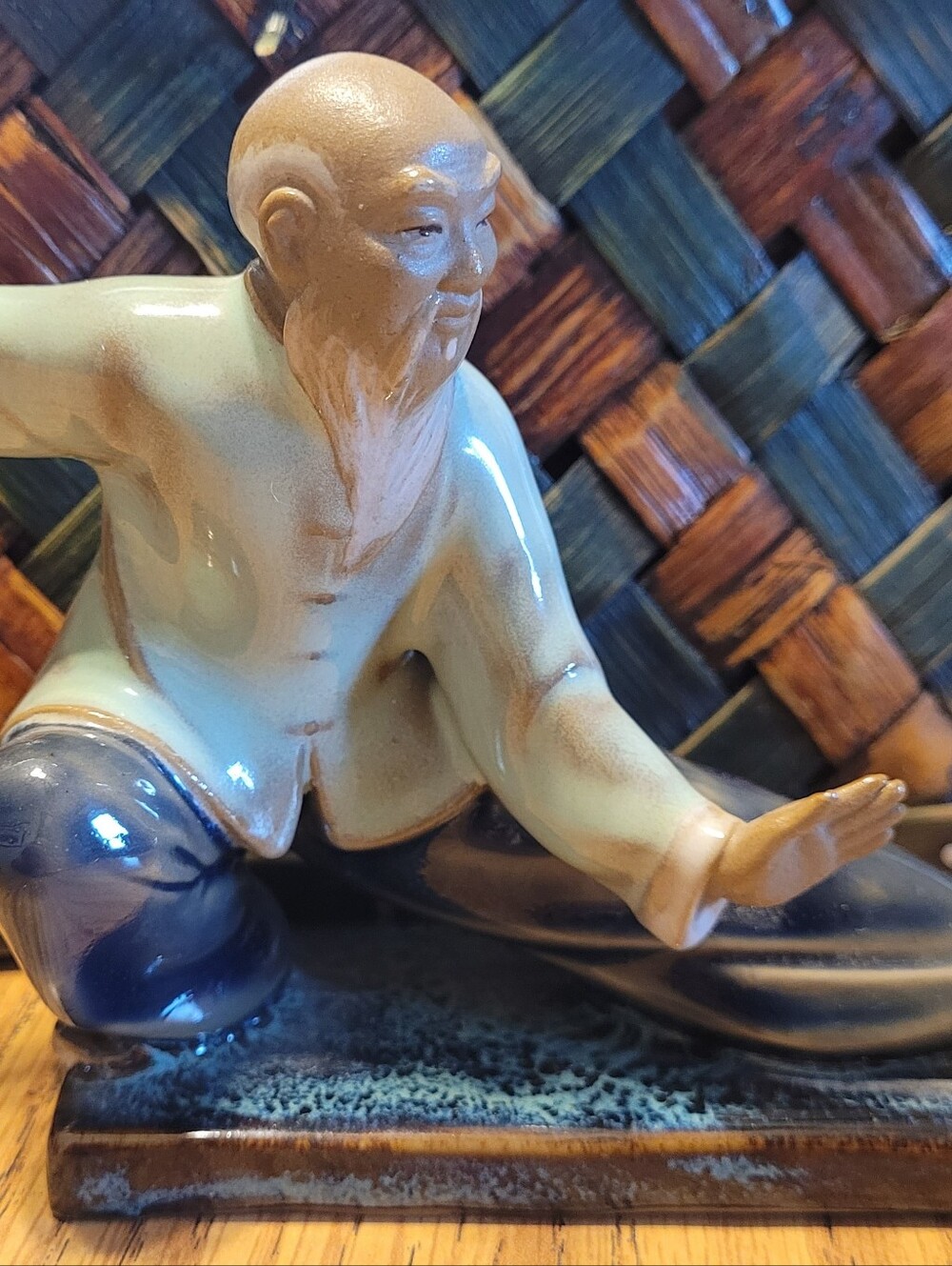 Hand-Painted Ceramic Martial Arts Figurine in Beige and Blue Mud Man Vintage